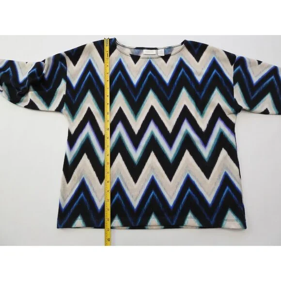 Chicos Blue Black Chevron Zig Zag Stretch Knit Top Size 1 Med Boat Neck - Picture 6 of 11